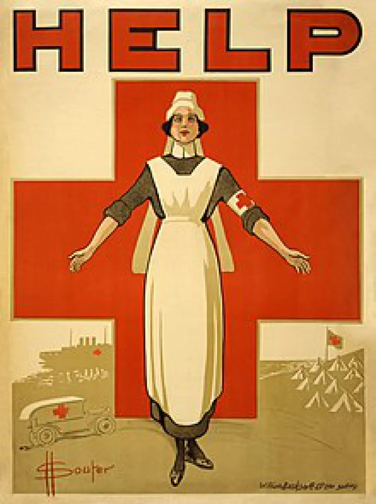 Von 1914 bis 1918 verbreitetes Plakat zur Rekrutierung von Pflegepersonal und Unterstützung des Roten Kreuzes  | © Foto: Wikipedia
